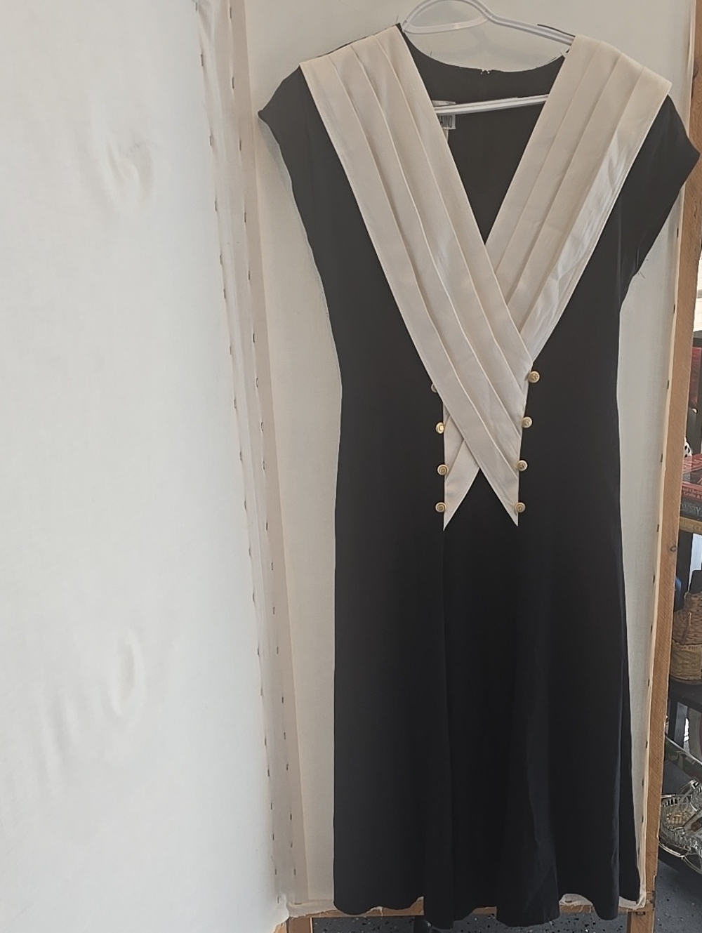 Nina Piccalino Black Midi Dress with Cream Pleated V-Front